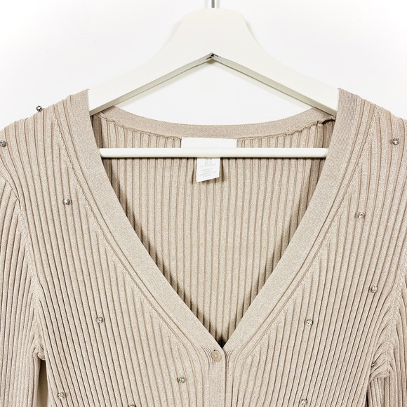 H&M Taupe Ribbed Slim-Fit Button-Up Cardigan w/ Crystal Embellishments - Picture 3 of 4